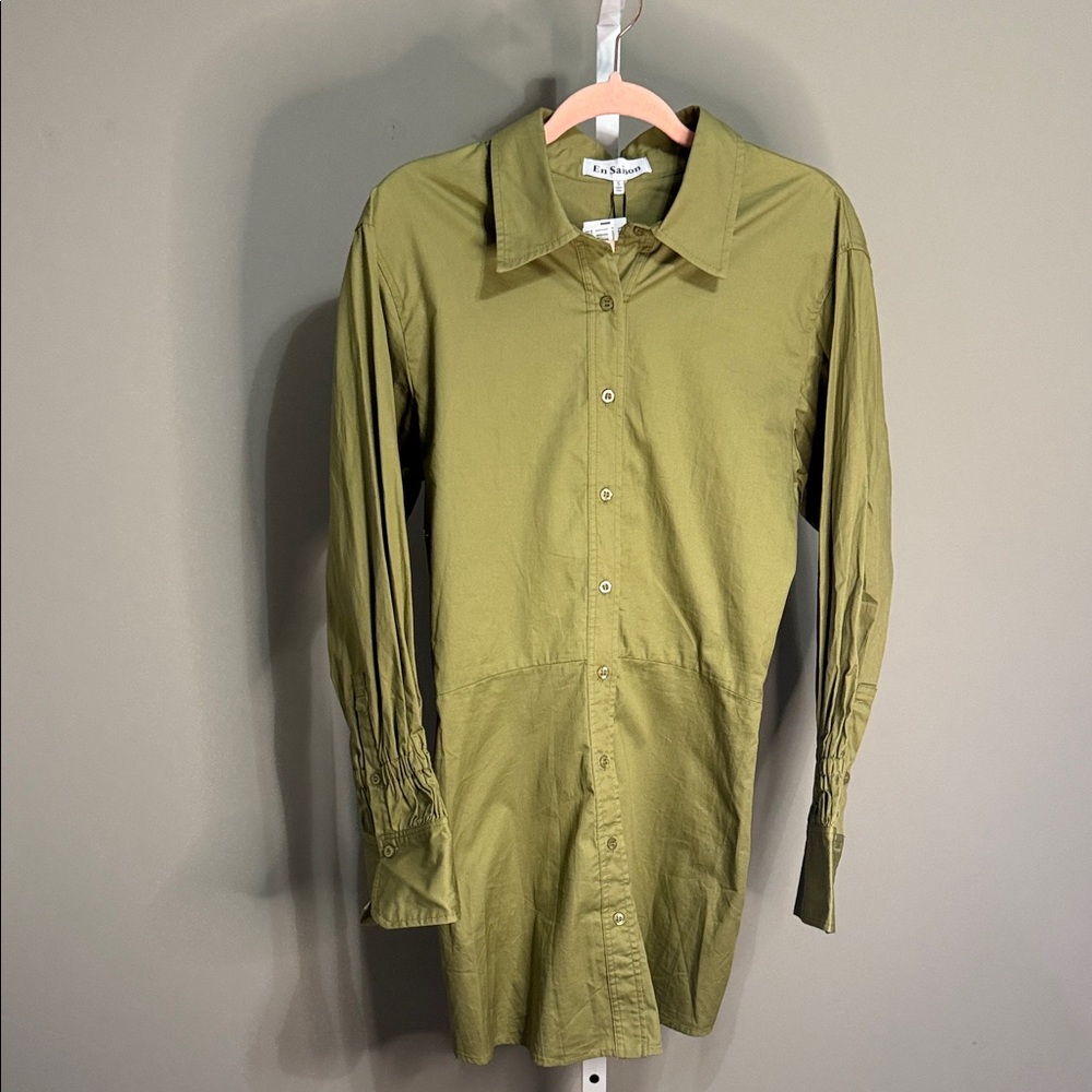 En Saison Hardin Olive Green Shirt Dress Small NWT Cotton Button Front Chic - Picture 3 of 13